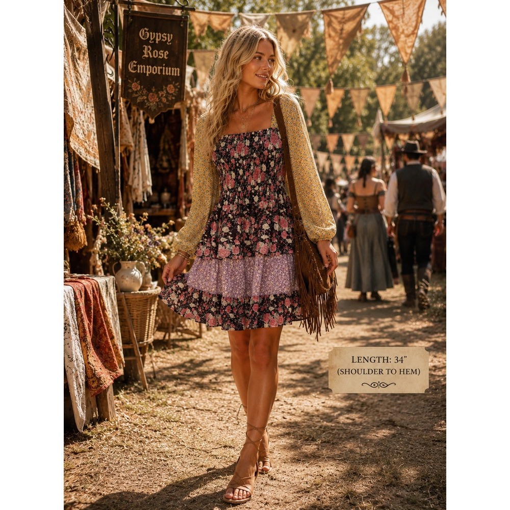 Oddi Boho Patchwork Ruffle Tiered Floral Babydoll Dress Size M Smocked Y2K‎ 90s